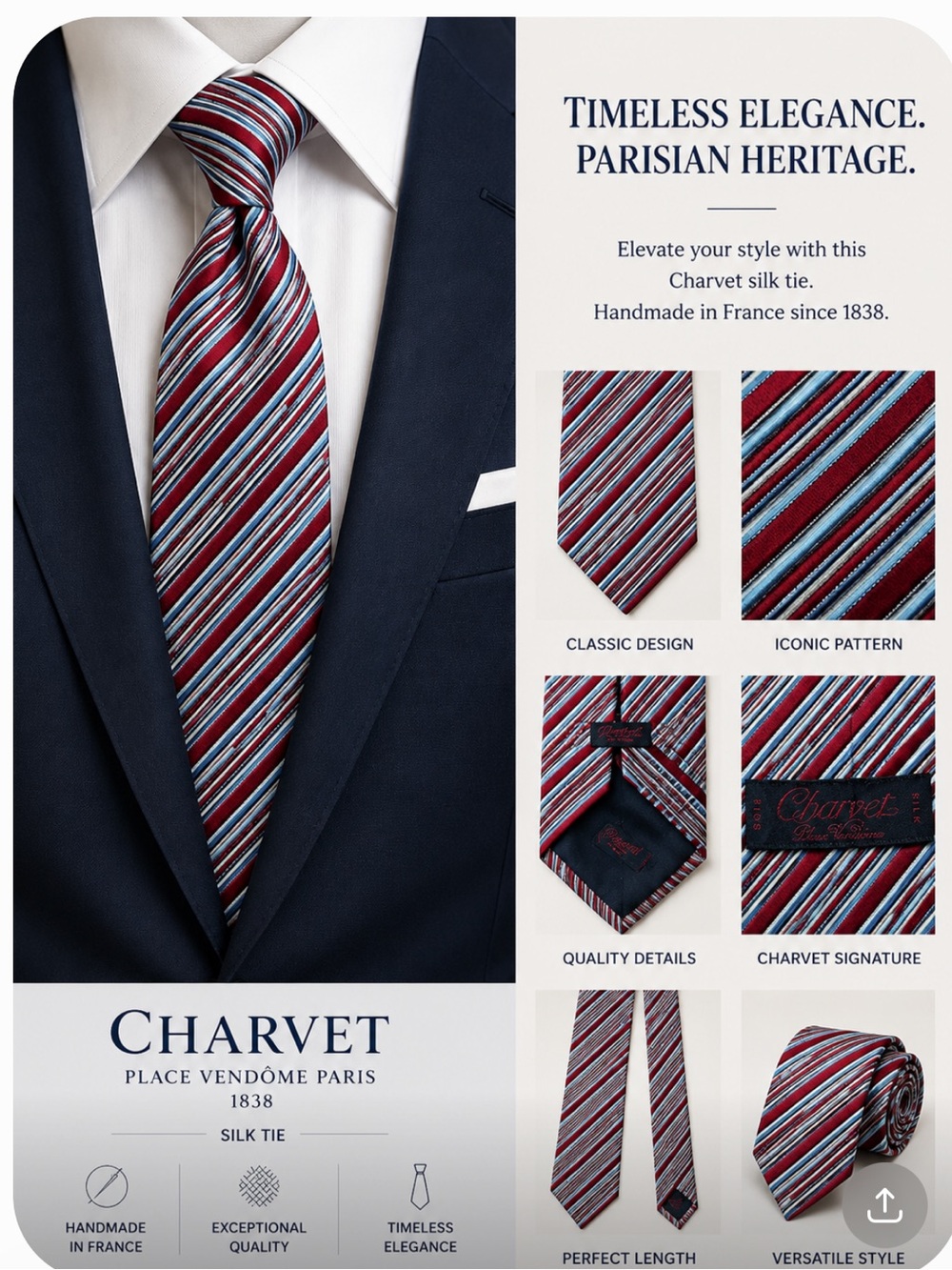 🔥CHARVET Place Vendome Striped Silk GORGEOUS tie Red/White/Blue France PriceFirm